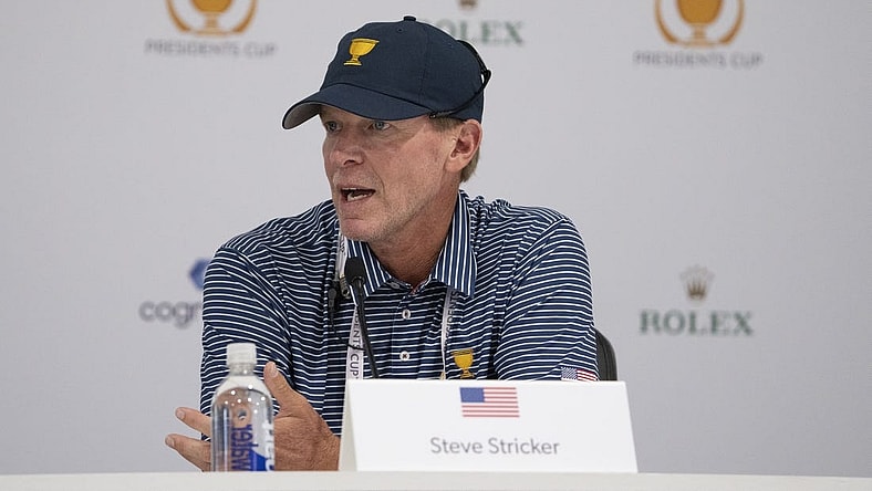 Sep 21, 2022; Charlotte, North Carolina, USA; Team USA assistant captain Steve Stricker addresses the media in a press conference during a practice day for the Presidents Cup golf tournament at Quail Hollow Club. Mandatory Credit: Kyle Terada-USA TODAY Sports