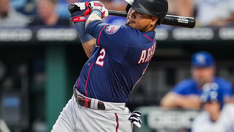 Sep 20, 2022; Kansas City, Missouri, USA; Minnesota Twins designated hitter Luis Arraez (2) bats against the Kansas City Royals during the first inning at Kauffman Stadium. Mandatory Credit: Jay Biggerstaff-USA TODAY Sports