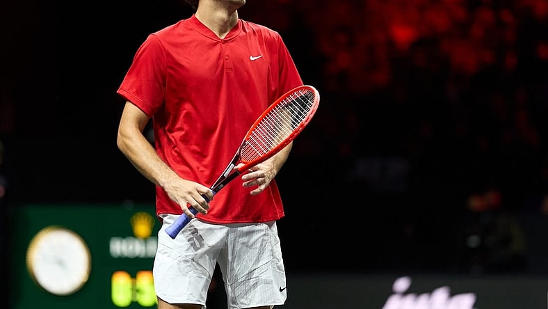 Sep 24, 2022; London, United Kingdom;Taylor Fritz (USA) reacts to a point against Cameron Norrie (GBR) in a Laver Cup singles match.  Mandatory Credit: Peter van den Berg-USA TODAY Sports