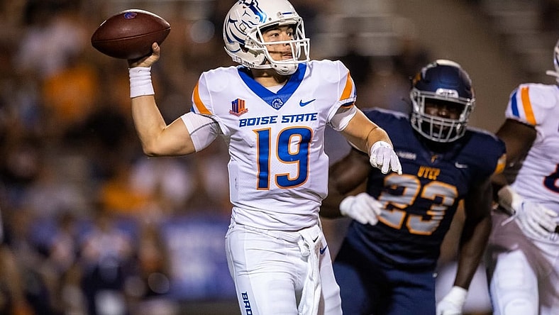Sep 23, 2022; El Paso, Texas, USA; Boise State quarterback Hank Bachmeier (19) against the UTEP Miners defense in the first half at Sun Bowl. Mandatory Credit: Ivan Pierre Aguirre-USA TODAY Sports
