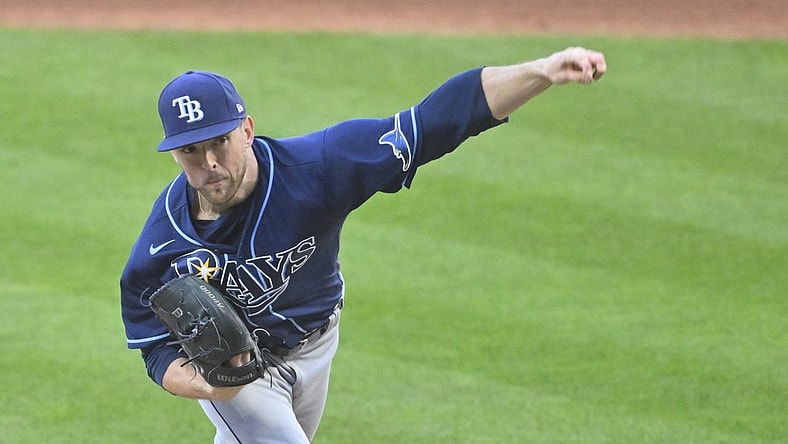 Sep 29, 2022; Cleveland, Ohio, USA; Tampa Bay Rays starting pitcher Jeffrey Springs (59) delivers a pitch in the first inning against the Cleveland Guardians at Progressive Field. Mandatory Credit: David Richard-USA TODAY Sports