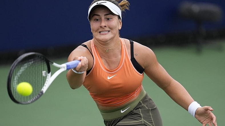 Oct 13, 2022; San Diego, California, US;  Bianca Andreescu of Canada hits the ball against Coco Gauff of the United States during the San Diego Open at Barnes Tennis Center. Mandatory Credit: Ray Acevedo-USA TODAY Sports