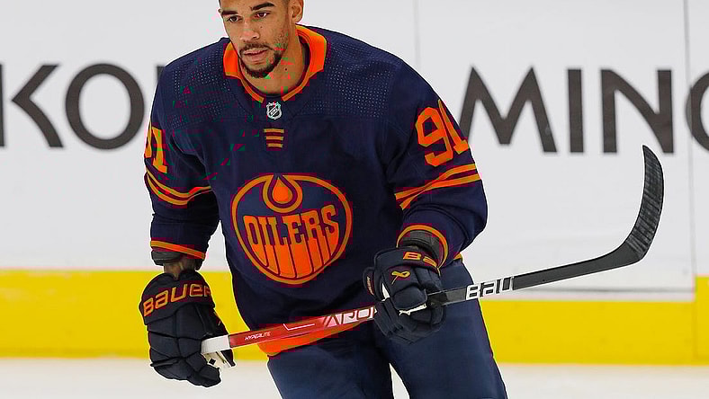 Oct 18, 2022; Edmonton, Alberta, CAN; Edmonton Oilers forward Evander Kane (91) skates against the Buffalo Sabres at Rogers Place. Mandatory Credit: Perry Nelson-USA TODAY Sports