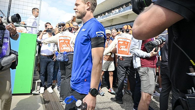 Oct 23, 2022; Austin, Texas, USA; Haas F1 Team driver Kevin Magnussen (20) of Team Denmark walks on to the track before the running of the U.S. Grand Prix F1 race at Circuit of the Americas. Mandatory Credit: Jerome Miron-USA TODAY Sports