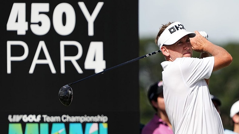 Oct 29, 2022; Miami, Florida, USA; Ian Poulter tees off on the 17th hole during the second round of the season finale of the LIV Golf series at Trump National Doral. Mandatory Credit: Jasen Vinlove-USA TODAY Sports