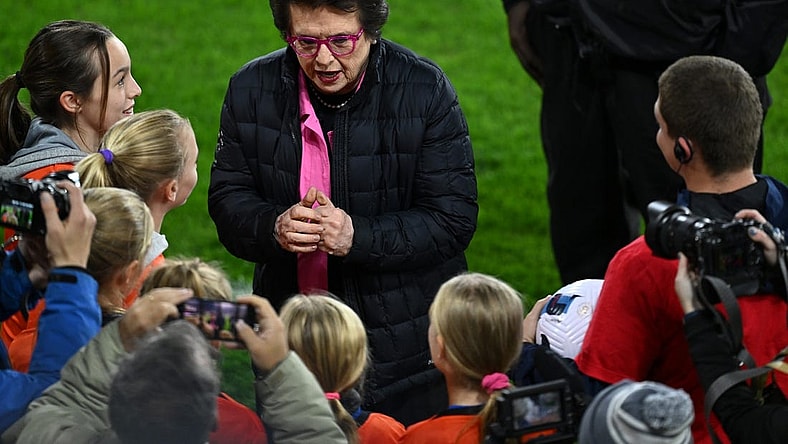 Oct 29, 2022; Washington, D.C., USA; Billie Jean King reacts with fans before the game between Kansas City Current and Portland Thorns FC at Audi Field. Mandatory Credit: Tommy Gilligan-USA TODAY Sports