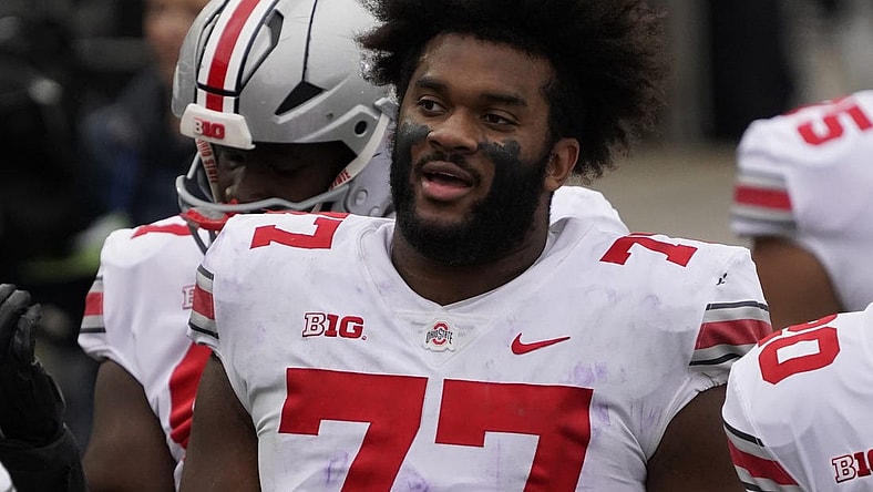 Nov 5, 2022; Evanston, Illinois, USA; Ohio State Buckeyes offensive lineman Paris Johnson Jr. (77) headshot after the game at Ryan Field. Mandatory Credit: David Banks-USA TODAY Sports