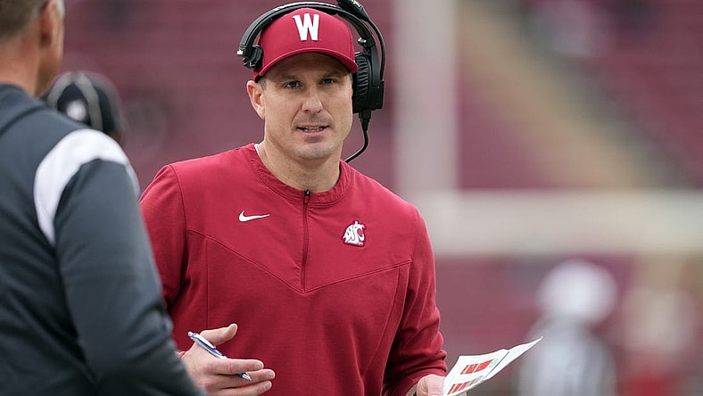 Nov 5, 2022; Stanford, California, USA; Washington State Cougars head coach Jake Dickert walks along the sideline during the fourth quarter against the Stanford Cardinal at Stanford Stadium. Mandatory Credit: Darren Yamashita-USA TODAY Sports