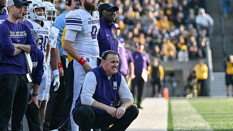 Oct 29, 2022; Iowa City, Iowa, USA; Northwestern Wildcats head coach Pat Fitzgerald looks on during the game against the Iowa Hawkeyes at Kinnick Stadium. Mandatory Credit: Jeffrey Becker-USA TODAY Sports