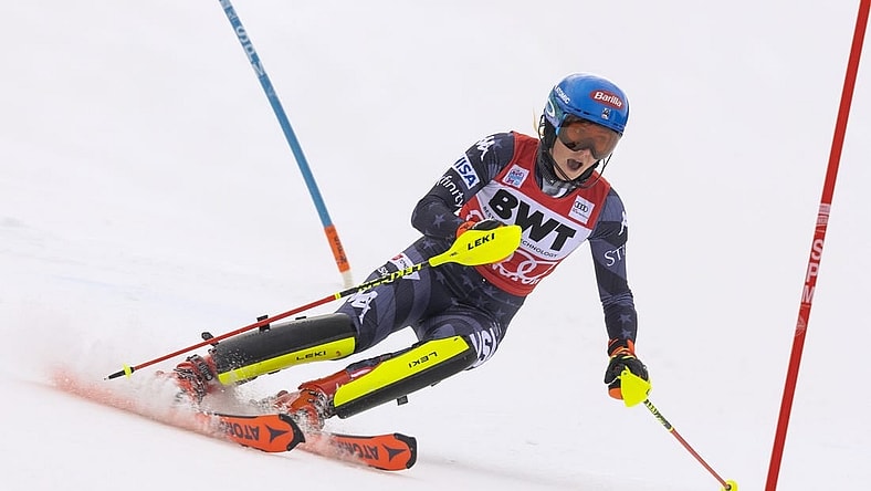 Nov 27, 2022; Killington, Vermont, USA; Mikaela Shiffrin of the United States during the first run of the slalom race in the FIS alpine skiing World Cup at Killington Resort. Mandatory Credit: Erich Schlegel-USA TODAY Sports