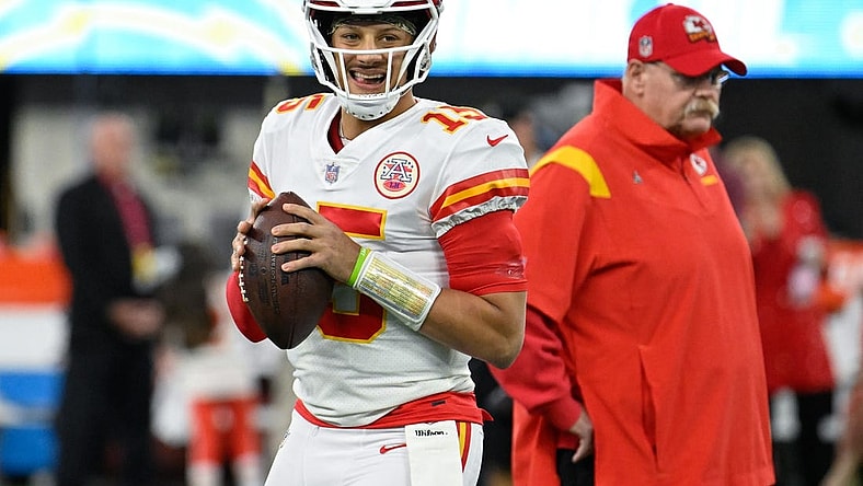 Nov 20, 2022; Inglewood, California, USA; Kansas City Chiefs quarterback Patrick Mahomes (15) and head coach Andy Reid during the pregame warmups before playing the Kansas City Chiefs at SoFi Stadium. Mandatory Credit: Robert Hanashiro-USA TODAY Sports