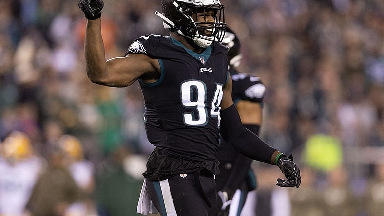 Nov 27, 2022; Philadelphia, Pennsylvania, USA; Philadelphia Eagles defensive end Josh Sweat (94) reacts to a tackle against the Green Bay Packers during the second quarter at Lincoln Financial Field. Mandatory Credit: Bill Streicher-USA TODAY Sports