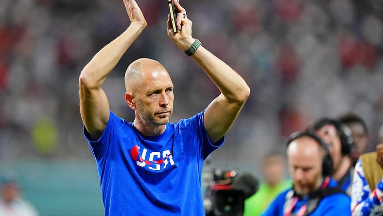 Dec 3, 2022; Al Rayyan, Qatar; United States of America manager Gregg Berhalter acknowledges fans after losing a round of sixteen match against the Netherlands in the 2022 FIFA World Cup at Khalifa International Stadium. Mandatory Credit: Danielle Parhizkaran-USA TODAY Sports