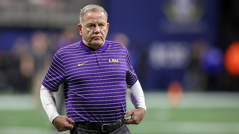 Dec 3, 2022; Atlanta, GA, USA; LSU Tigers head coach Brian Kelly prepares for the SEC Championship against the Georgia Bulldogs at Mercedes-Benz Stadium. Mandatory Credit: Brett Davis-USA TODAY Sports