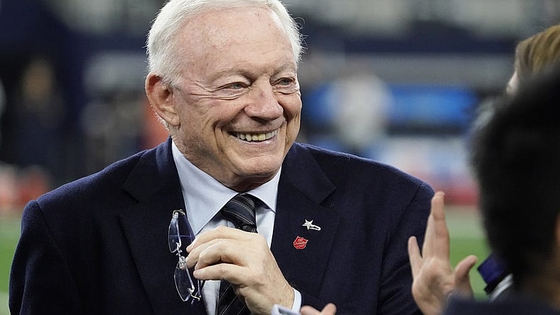 Dec 11, 2022; Arlington, Texas, USA; Dallas Cowboys owner Jerry Jones on the field prior to a game against the Houston Texans at AT&T Stadium. Mandatory Credit: Raymond Carlin III-USA TODAY Sports