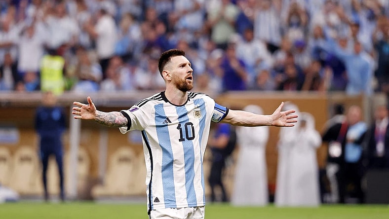 Dec 18, 2022; Lusail, Qatar; Argentina forward Lionel Messi (10) reacts after making his shot during a penalty shootout in the 2022 World Cup final at Lusail Stadium. Mandatory Credit: Yukihito Taguchi-USA TODAY Sports