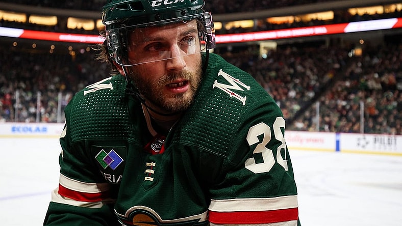 Dec 18, 2022; Saint Paul, Minnesota, USA; Minnesota Wild right wing Ryan Hartman (38) looks on during the first period against the Ottawa Senators at Xcel Energy Center. Mandatory Credit: Matt Krohn-USA TODAY Sports