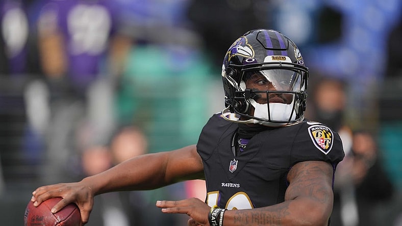 Dec 24, 2022; Baltimore, Maryland, USA; Baltimore Ravens quarterback Anthony Brown (12) warms up prior to the game against the Atlanta Falcons at M&T Bank Stadium. Mandatory Credit: Mitch Stringer-USA TODAY Sports