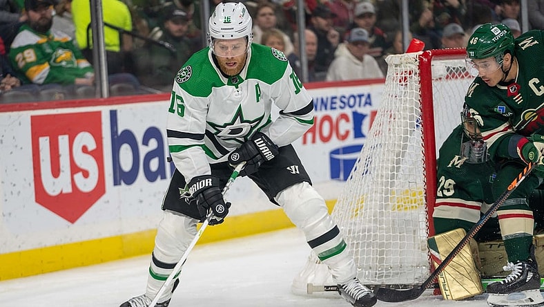 Dec 29, 2022; Saint Paul, Minnesota, USA; Dallas Stars center Joe Pavelski (16) skates behind the net defended by Minnesota Wild defenseman Jared Spurgeon (46) in the first period at Xcel Energy Center. Mandatory Credit: Matt Blewett-USA TODAY Sports