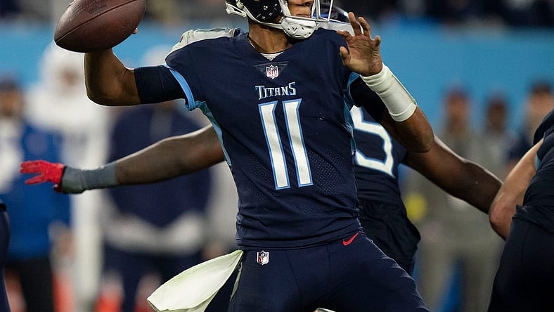 Tennessee Titans quarterback Joshua Dobbs (11) throws a pass against the Dallas Cowboys during the fourth quarter at Nissan Stadium Thursday, Dec. 29, 2022, in Nashville, Tenn.

Nfl Dallas Cowboys At Tennessee Titans