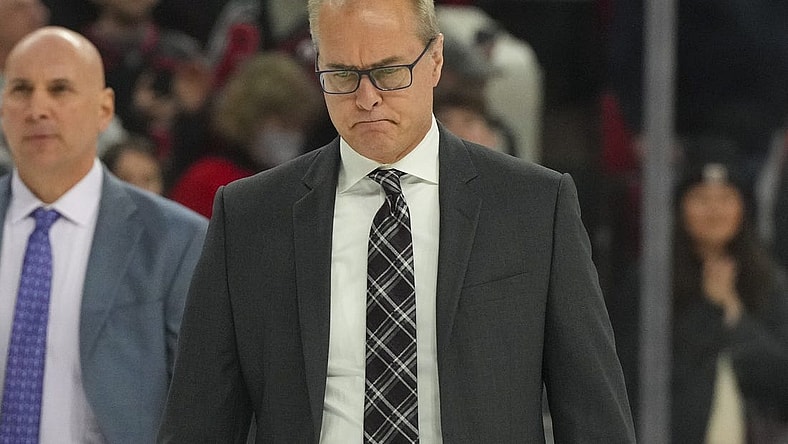 Dec 30, 2022; Raleigh, North Carolina, USA; Florida Panthers head coach Paul Maurice comes off the ice after the game against the Carolina Hurricanes at PNC Arena. Mandatory Credit: James Guillory-USA TODAY Sports