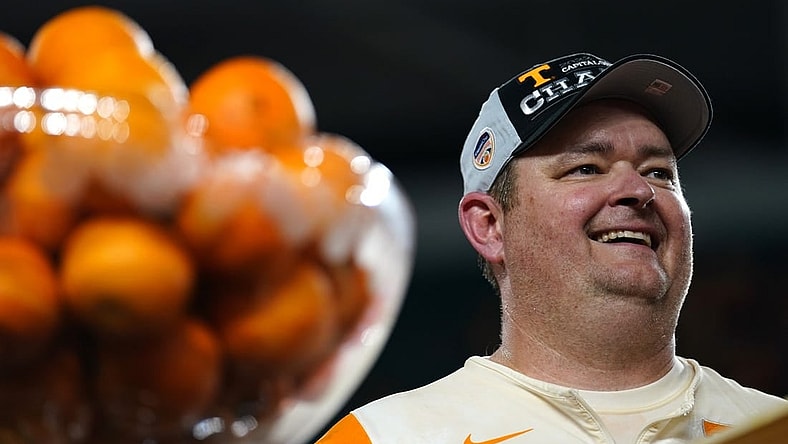 Dec 30, 2022; Miami Gardens, FL, USA; Tennessee Volunteers head coach Josh Heupel looks on after defeating the Clemson Tigers in the 2022 Orange Bowl at Hard Rock Stadium. Mandatory Credit: Rich Storry-USA TODAY Sports