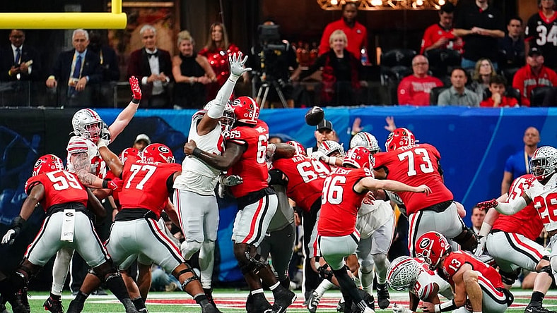 Dec 31, 2022; Atlanta, Georgia, USA; Georgia Bulldogs place kicker Jack Podlesny (96) attempts a field goal against the Ohio State Buckeyes during the second quarter of the 2022 Peach Bowl at Mercedes-Benz Stadium. Mandatory Credit: John David Mercer-USA TODAY Sports