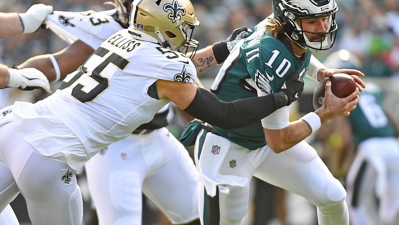 Jan 1, 2023; Philadelphia, Pennsylvania, USA; Philadelphia Eagles quarterback Gardner Minshew (10) is sacked by New Orleans Saints linebacker Kaden Elliss (55) during the first quarter at Lincoln Financial Field. Mandatory Credit: Eric Hartline-USA TODAY Sports