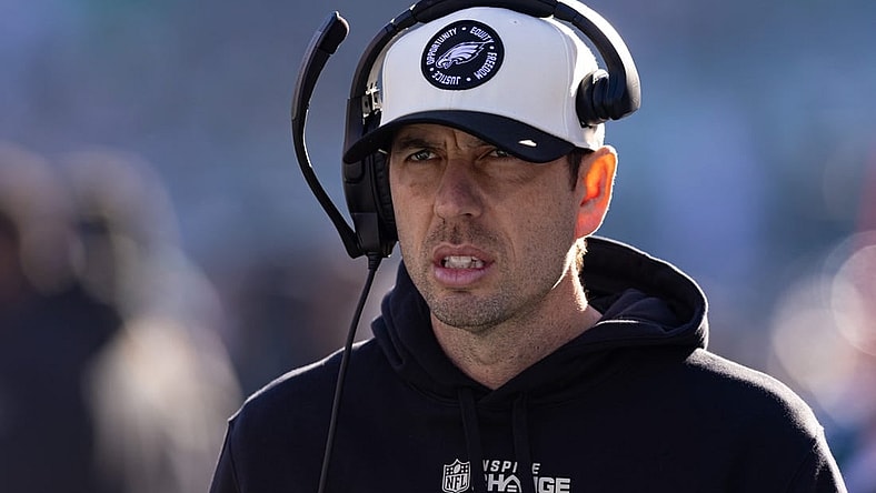 Jan 1, 2023; Philadelphia, Pennsylvania, USA; Philadelphia Eagles offensive coordinator Shane Steichen looks on during the first quarter against the New Orleans Saints at Lincoln Financial Field. Mandatory Credit: Bill Streicher-USA TODAY Sports