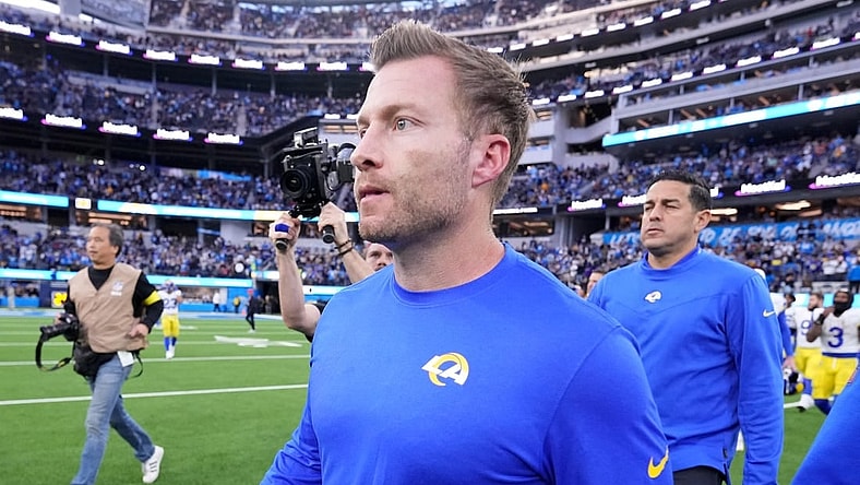 Jan 1, 2023; Inglewood, California, USA; Los Angeles Rams head coach Sean McVay walks off the field after the game against the Los Angeles Chargers at SoFi Stadium. Mandatory Credit: Kirby Lee-USA TODAY Sports