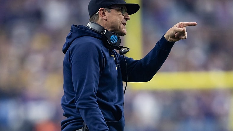 Dec 31, 2022; Glendale, Arizona, USA; Michigan Wolverines head coach Jim Harbaugh against the TCU Horned Frogs in the 2022 Fiesta Bowl at State Farm Stadium. Mandatory Credit: Mark J. Rebilas-USA TODAY Sports