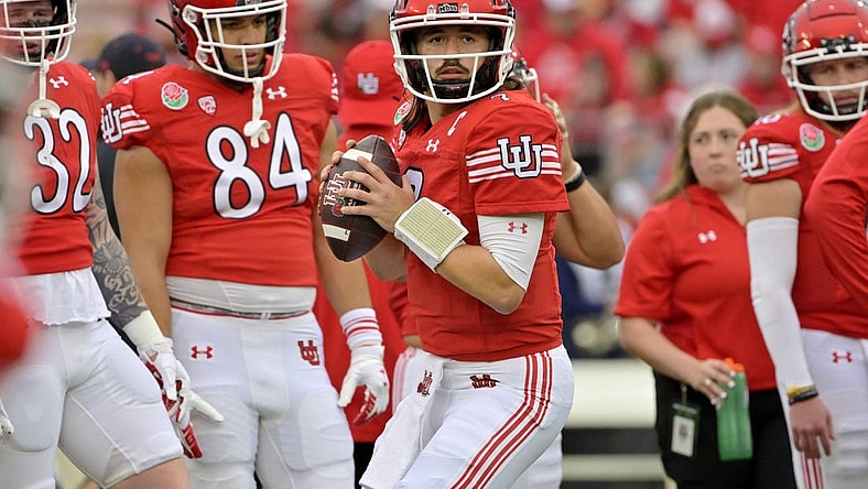 Jan 2, 2023; Pasadena, California, USA; Utah Utes quarterback Cameron Rising (7) warms up before the game between the Utah Utes and the Penn State Nittany Lions at Rose Bowl. Mandatory Credit: Jayne Kamin-Oncea-USA TODAY Sports