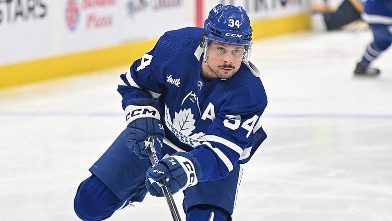Jan 3, 2023; Toronto, Ontario, CAN; Toronto Maple Leafs forward Auston Matthews (34) warms up before playing the St. Louis Blues at Scotiabank Arena. Mandatory Credit: Dan Hamilton-USA TODAY Sports