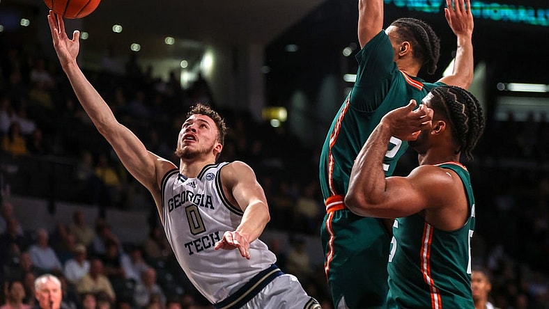 Jan 4, 2023; Atlanta, Georgia, USA; Georgia Tech Yellow Jackets guard Lance Terry (0) shoots against the Miami Hurricanes in the second half at McCamish Pavilion. Mandatory Credit: Brett Davis-USA TODAY Sports