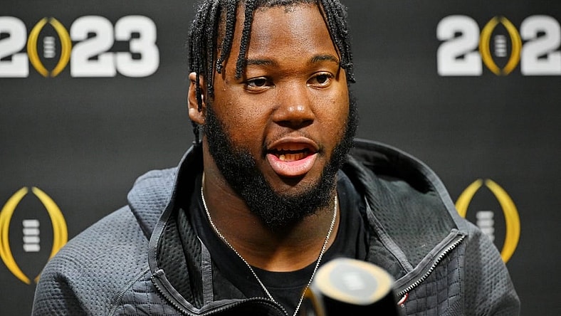 Jan 7, 2023; Los Angeles, California, USA; Georgia Bulldogs offensive lineman Sedrick Van Pran (63) talks to media on media day before the 2023 CFP National Championship game at Los Angeles Convention Center. Mandatory Credit: Jayne Kamin-Oncea-USA TODAY Sports