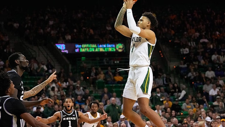 Jan 7, 2023; Waco, Texas, USA; Baylor Bears guard Keyonte George (1) scores a basket against the Kansas State Wildcats during the second half at Ferrell Center. Mandatory Credit: Chris Jones-USA TODAY Sports