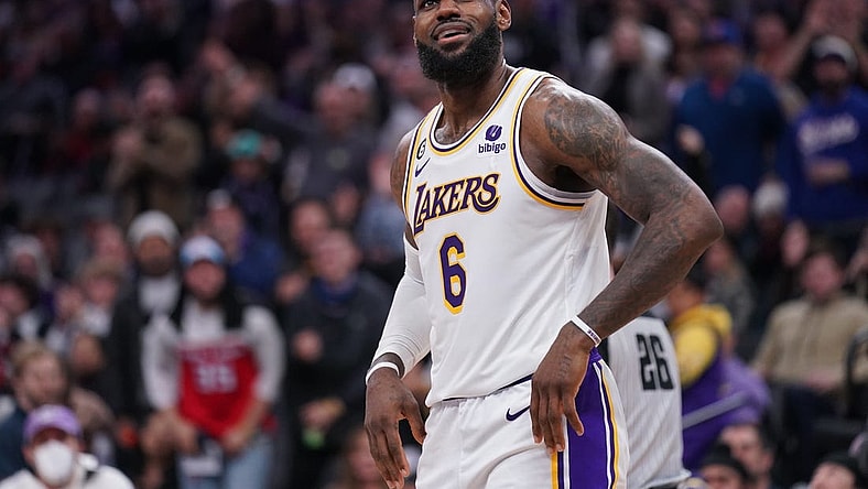 Jan 7, 2023; Sacramento, California, USA; Los Angeles Lakers forward LeBron James (6) reacts after being called for an offensive foul against the Sacramento Kings in the fourth quarter at the Golden 1 Center. Mandatory Credit: Cary Edmondson-USA TODAY Sports