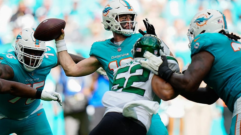 Jan 8, 2023; Miami Gardens, Florida, USA; Miami Dolphins quarterback Skylar Thompson (19) throws a pass against the New York Jets during the second quarter at Hard Rock Stadium. Mandatory Credit: Rich Storry-USA TODAY Sports