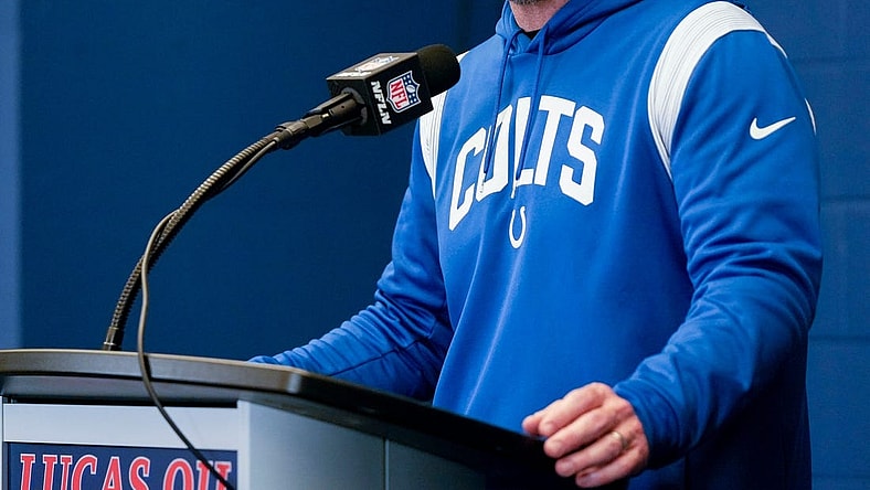Indianapolis Colts interim head coach Jeff Saturday talks during a press conference Sunday, Jan. 8, 2023, after a game against the Houston Texans at Lucas Oil Stadium in Indianapolis.