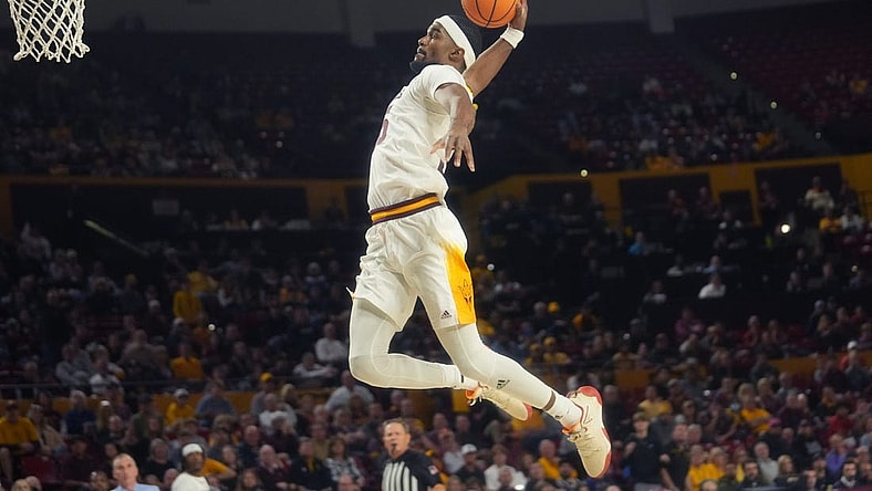 Jan 8, 2023; Tempe, Arizona, USA; Arizona State Sun Devils guard Devan Cambridge (35) dunks the ball on a fast break against the Washington Huskies at Desert Financial Arena. Mandatory Credit: Joe Rondone-Arizona Republic

Basketball Wash Asu Mbb Washington At Arizona State