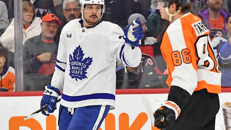 Jan 8, 2023; Philadelphia, Pennsylvania, USA; Toronto Maple Leafs center Auston Matthews (34) reacts after scores a goal against the Philadelphia Flyers during the third period at Wells Fargo Center. Mandatory Credit: Eric Hartline-USA TODAY Sports