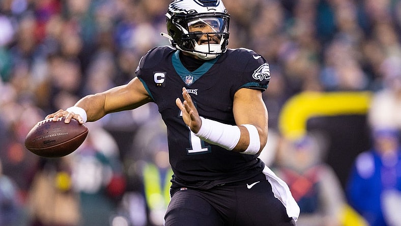 Jan 8, 2023; Philadelphia, Pennsylvania, USA; Philadelphia Eagles quarterback Jalen Hurts (1) passes the ball against the New York Giants during the first quarter at Lincoln Financial Field. Mandatory Credit: Bill Streicher-USA TODAY Sports