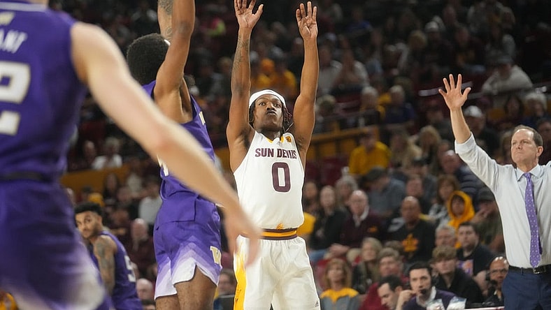 Jan 8, 2023; Tempe, Arizona, USA; Arizona State Sun Devils guard DJ Horne (0) shoots the ball against the Washington Huskies at Desert Financial Arena.

Basketball Wash Asu Mbb Washington At Arizona State