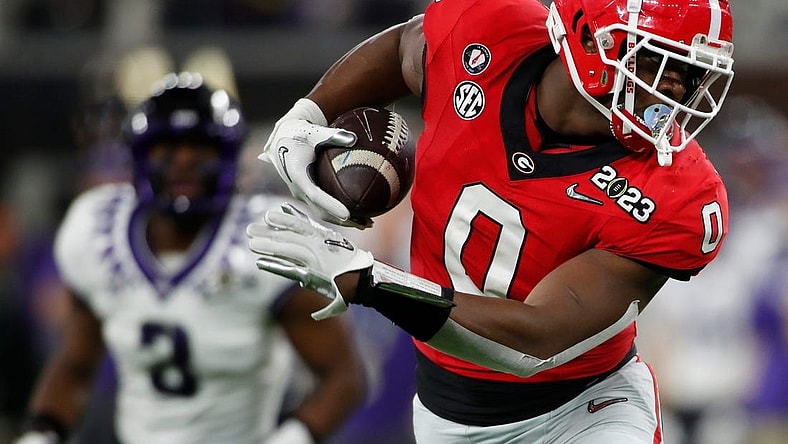 Georgia tight end Darnell Washington (0) makes a catch during the second half of the NCAA College Football National Championship game between TCU and Georgia on Monday, Jan. 9, 2023, in Inglewood, Calif.

News Joshua L Jones