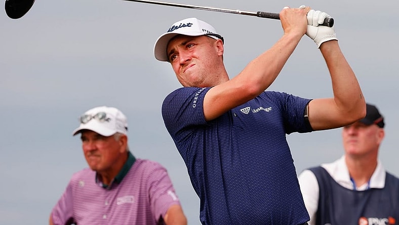 Dec 17, 2022; Orlando, Florida, USA;  Justin Thomas hits his drive on the tenth hole during the first round of the PNC Championship golf tournament at Ritz Carlton Golf Club Grande Lakes Orlando Course. Mandatory Credit: Reinhold Matay-USA TODAY Sports