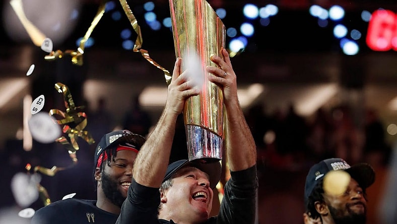 Georgia coach Kirby Smart celebrates after winning the NCAA College Football National Championship game between TCU and Georgia on Monday, Jan. 9, 2023, in Inglewood, Calif. Georgia won 65-7.

News Joshua L Jones

Syndication Online Athens