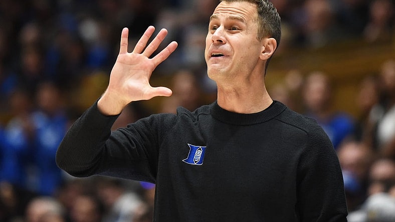 Jan 11, 2023; Durham, North Carolina, USA; Duke Blue Devils head coach Jon Scheyer calls a play during the first half against the Pittsburgh Panthers at Cameron Indoor Stadium. Mandatory Credit: Rob Kinnan-USA TODAY Sports