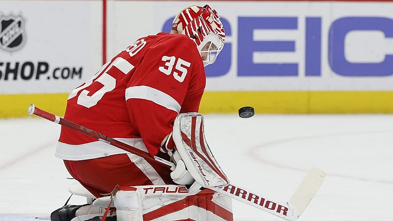 Jan 12, 2023; Detroit, Michigan, USA; Detroit Red Wings goaltender Ville Husso (35) makes the save in the first period against the Toronto Maple Leafs at Little Caesars Arena. Mandatory Credit: Rick Osentoski-USA TODAY Sports