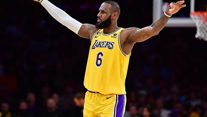 Jan 12, 2023; Los Angeles, California, USA; Los Angeles Lakers forward LeBron James (6) reacts against the Dallas Mavericks during the second half at Crypto.com Arena. Mandatory Credit: Gary A. Vasquez-USA TODAY Sports