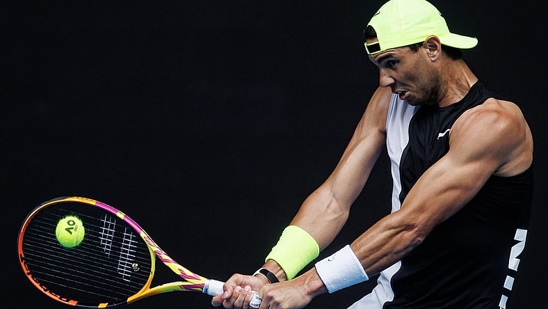 Jan 13, 2023; Melbourne, Victoria, Australia; Rafael Nadal of Spain hits a shot during a practice session on Rod Laver Arena  at Melbourne Park. Mandatory Credit: Mike Frey-USA TODAY Sports